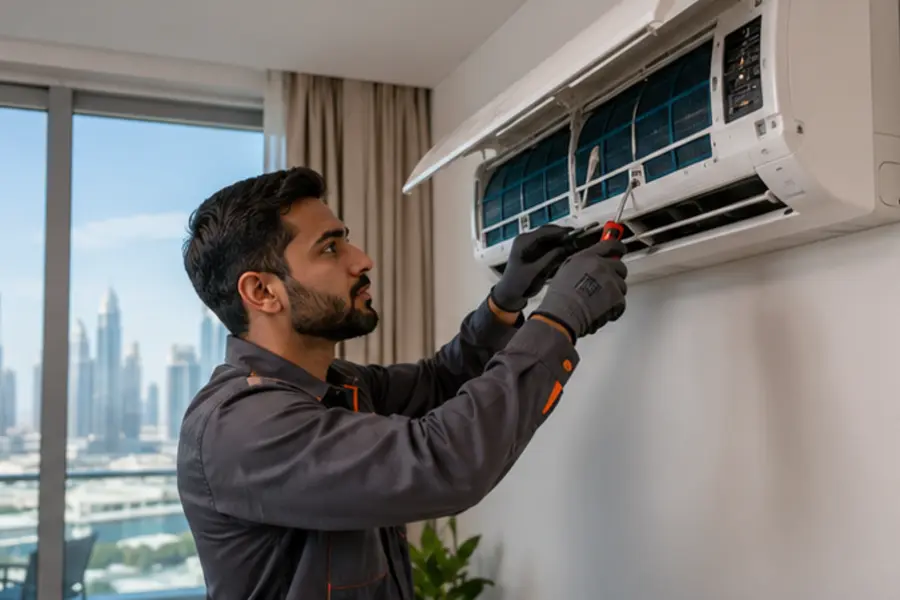 Technician servicing an air conditioning unit