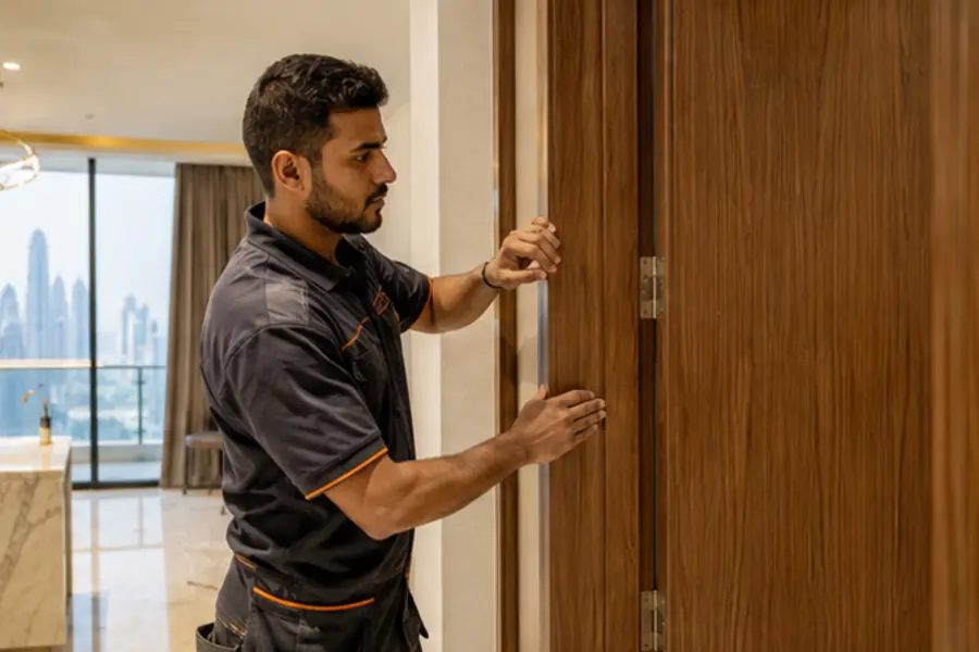 Carpenter adjusting a modern wooden door