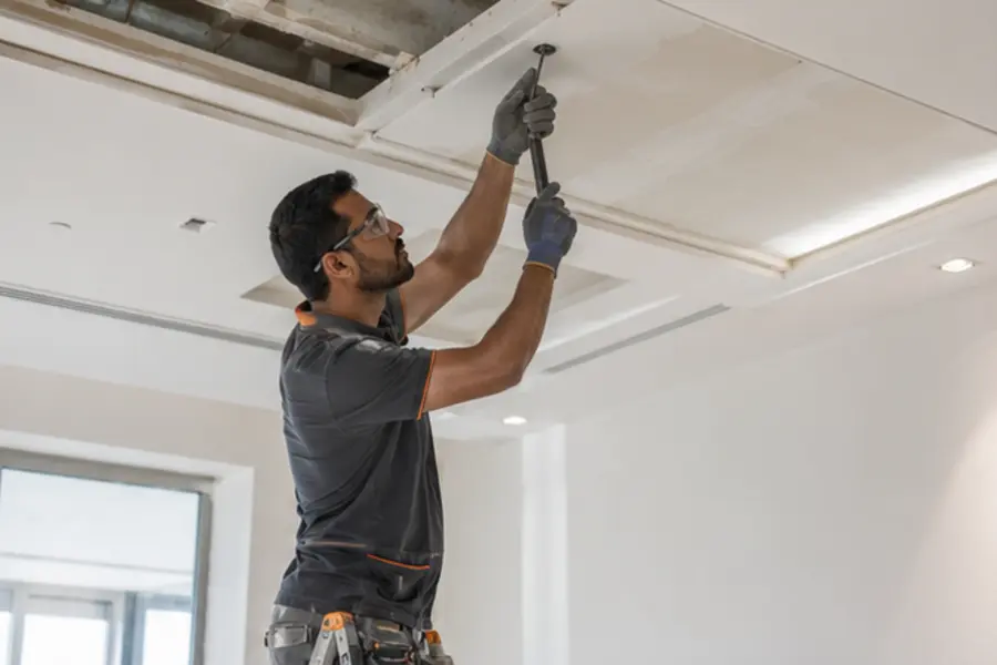 Technician installing a gypsum false ceiling
