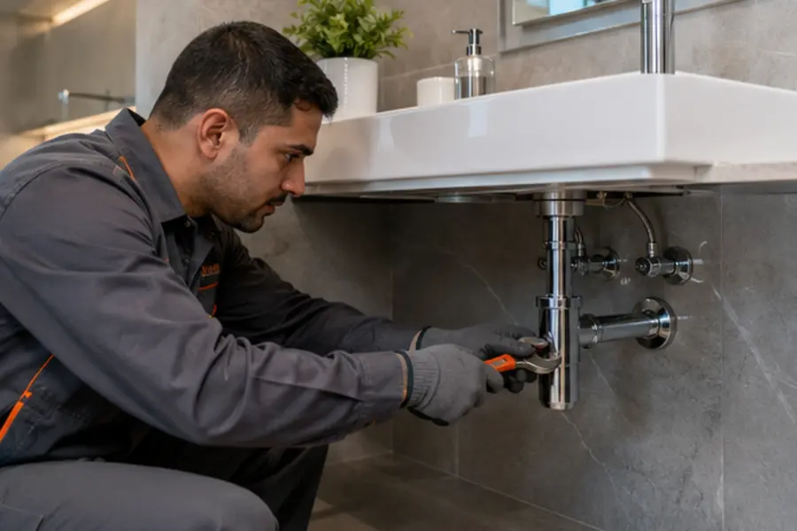 Plumber repairing a sink pipe